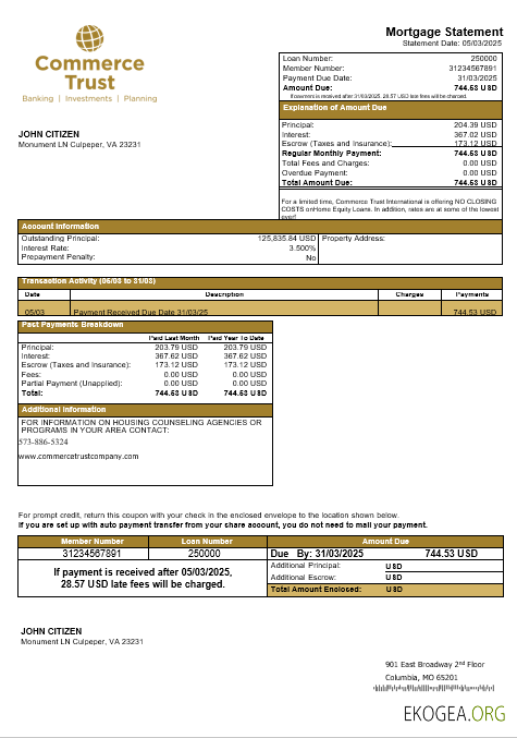 Relevé hypothécaire de la USA Commerce Trust Bank aux formats Word et PDF